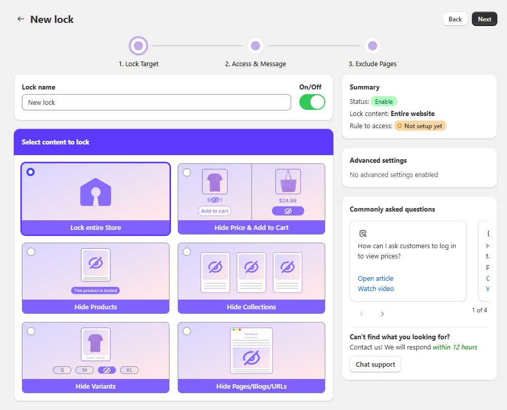 Figure 1 — Step 1 of the New lock wizard: choose content to lock (Lock entire Store, Hide Products, Hide Collections, and more). The Summary panel on the right updates live.