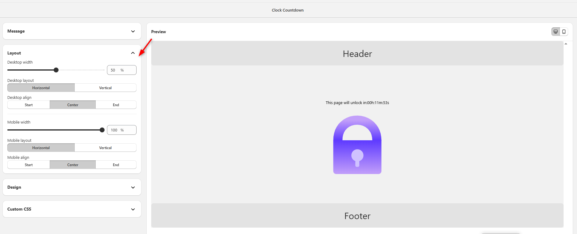 Figure 3 — Layout section: Desktop width (50%), layout (Horizontal/Vertical), alignment, Mobile width (100%), and Mobile layout controls. Preview updates in real time.