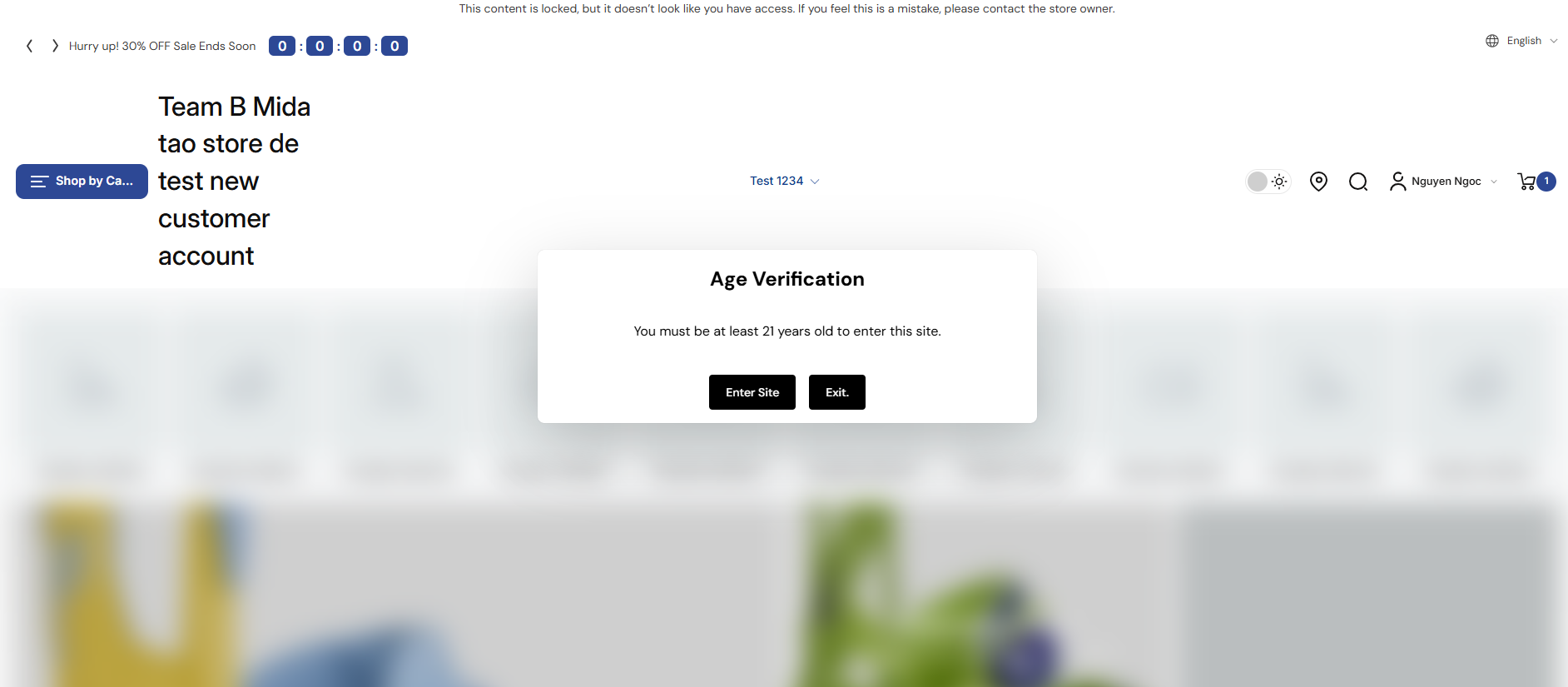Figure 6 — Live storefront: Age Verification popup centered on screen with blurred background, showing 'Enter Site' and 'Exit' buttons.