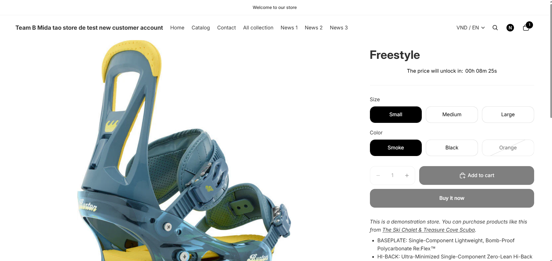 Figure 5 — Product page: 'The price will unlock in: 00h 08m 25s' appears above the product. Add to cart and Buy it now buttons are disabled until the timer expires.