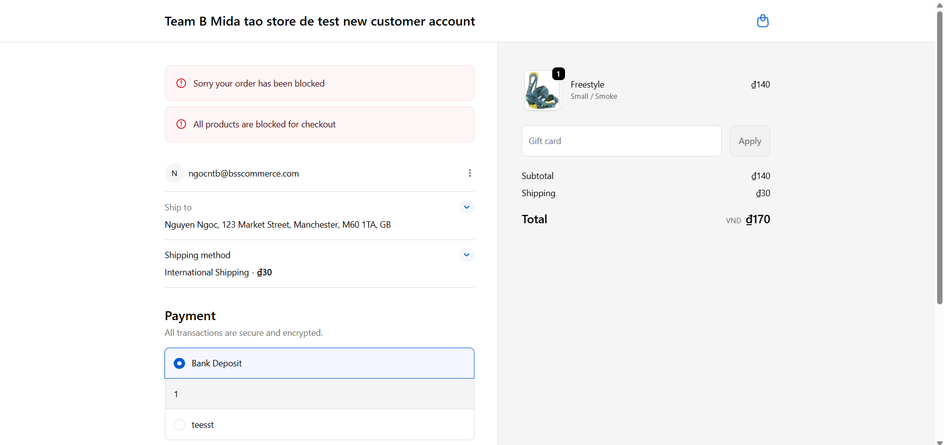 Figure 4 — Live storefront result: buyer sees the error message ('Sorry your order has been blocked') and cannot complete checkout.