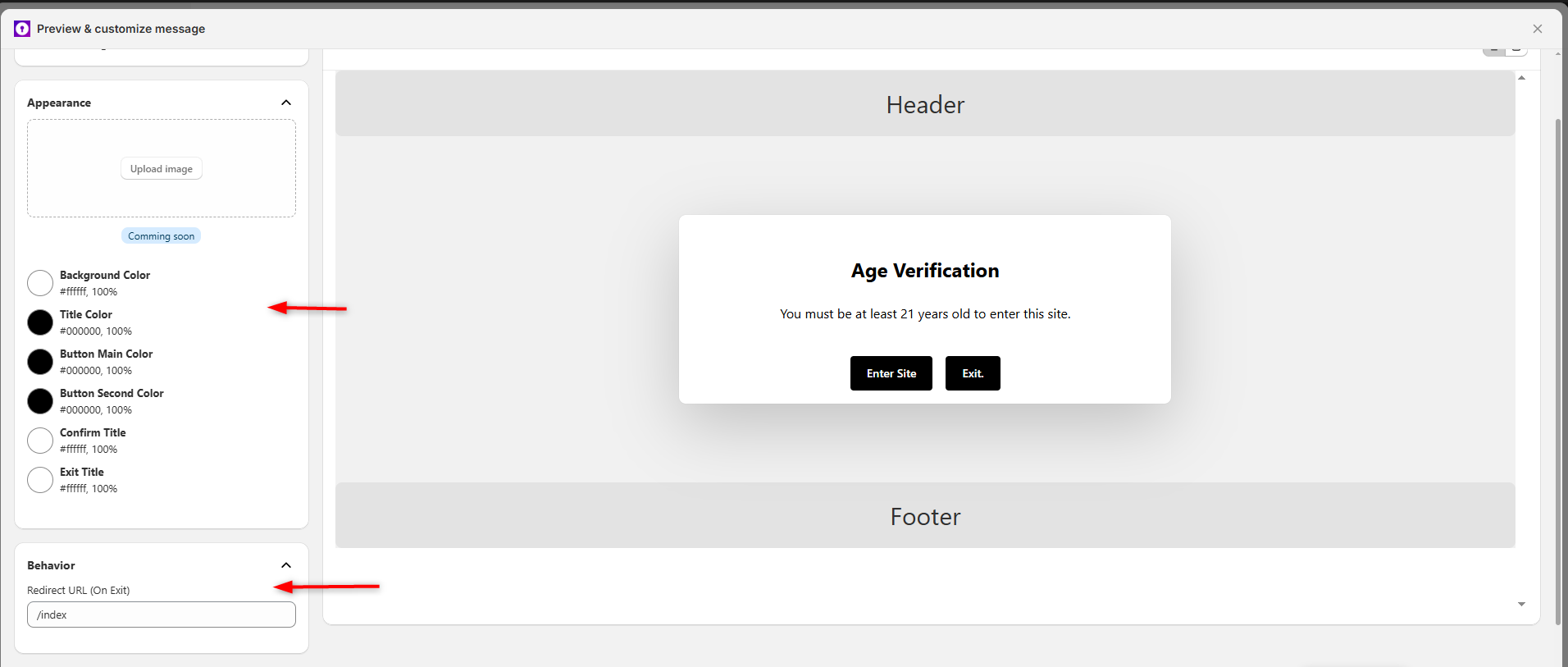 Figure 4 — Appearance section: color pickers for Background Color, Title Color, Button Main Color, Button Second Color, Confirm Title, and Exit Title. Behavior section shows Redirect URL (On Exit) field set to /index.
