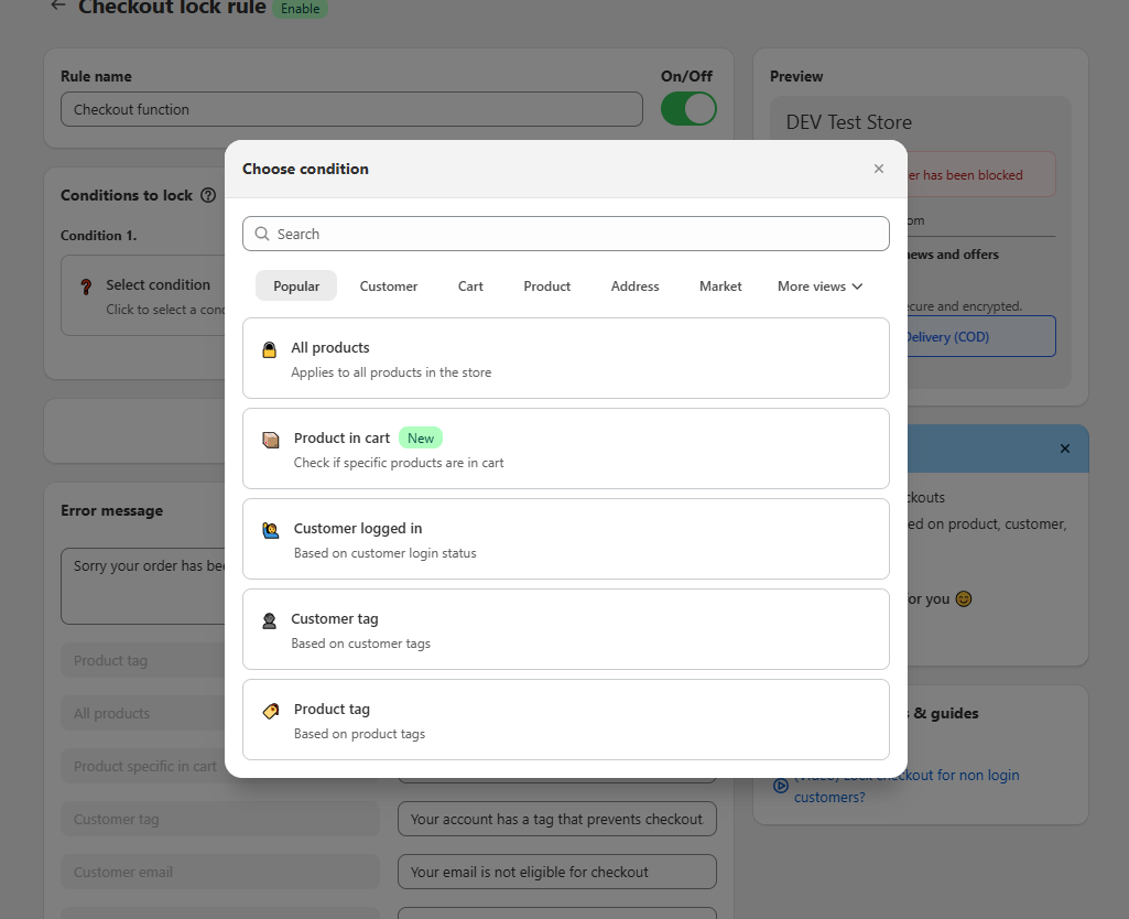 Figure 3 — Choose condition modal: browse by tab or search. Popular conditions include All products, Product in cart, Customer logged in, Customer tag, and Product tag.