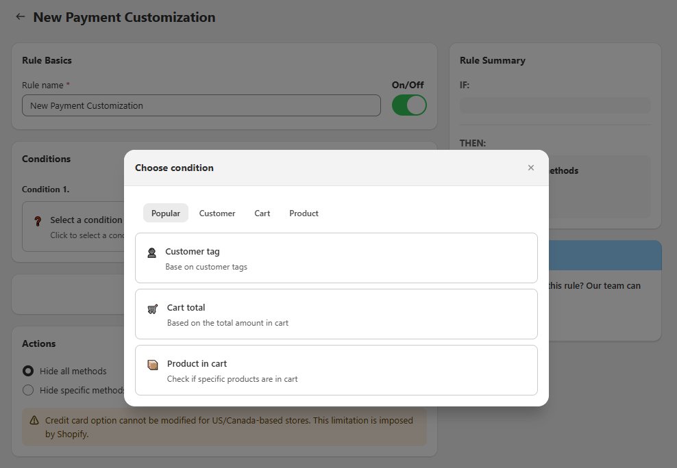 Figure 3 — Choose condition modal: Popular tab shows Customer tag, Cart total, and Product in cart.